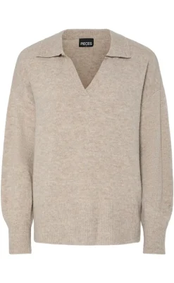 Pieces Striktrøje - Malou Polo - Taupe Gray Melange