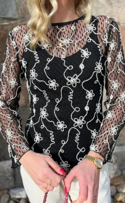 Say INA Copenhagen Bluse - Lace - Black W. White Lurex
