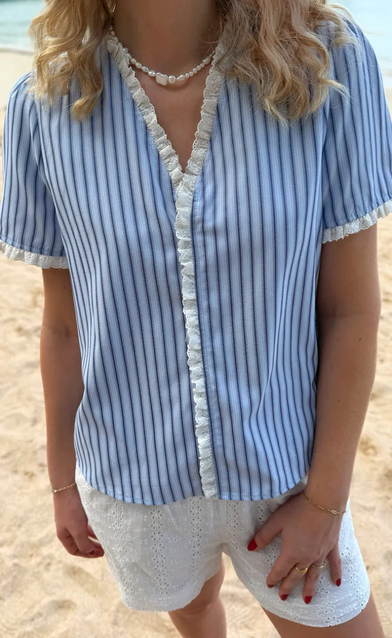 Say INA Copenhagen Top - Catja - Blue Striped W. Lace