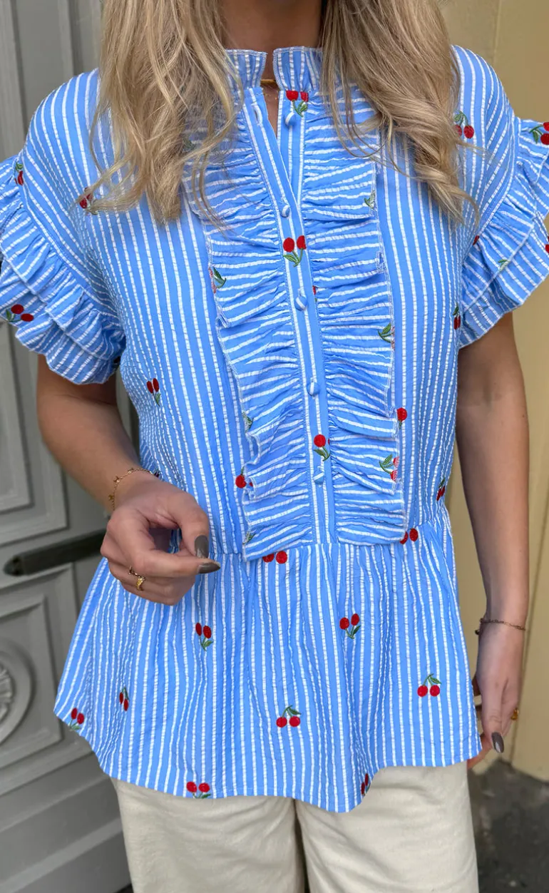 Say INA Copenhagen Top - Freya - Blue Striped W. Cherries