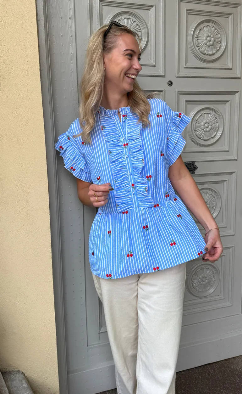 Say INA Copenhagen Top - Freya - Blue Striped W. Cherries