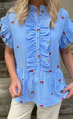 Say INA Copenhagen Top - Freya - Blue Striped W. Cherries