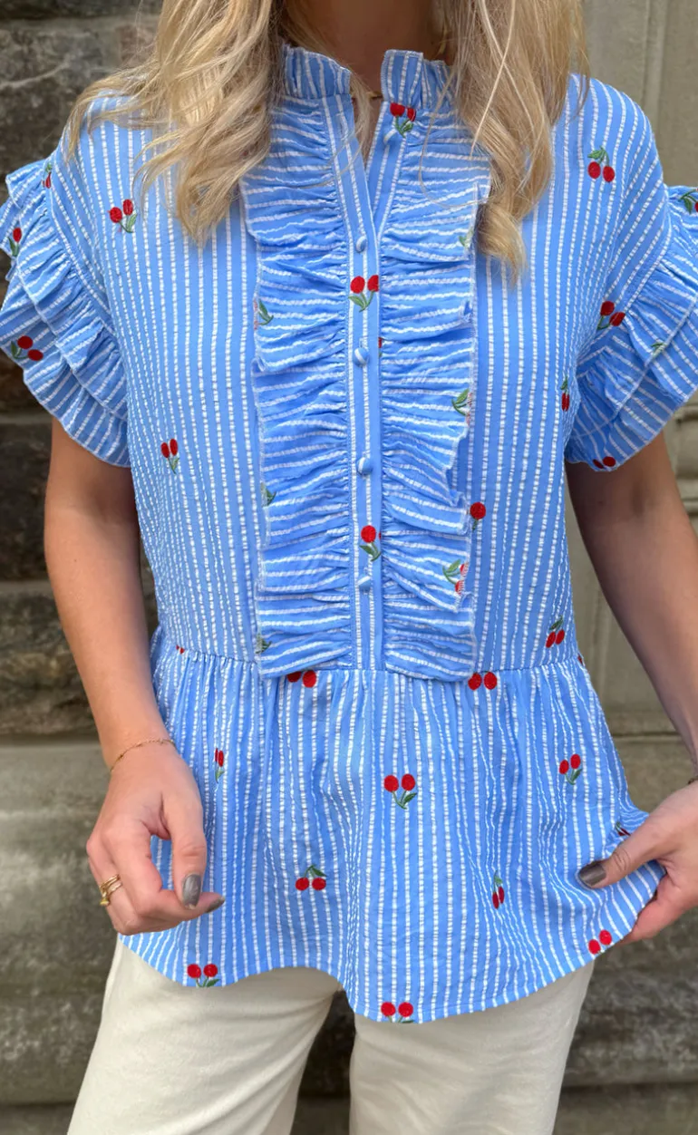 Say INA Copenhagen Top - Freya - Blue Striped W. Cherries