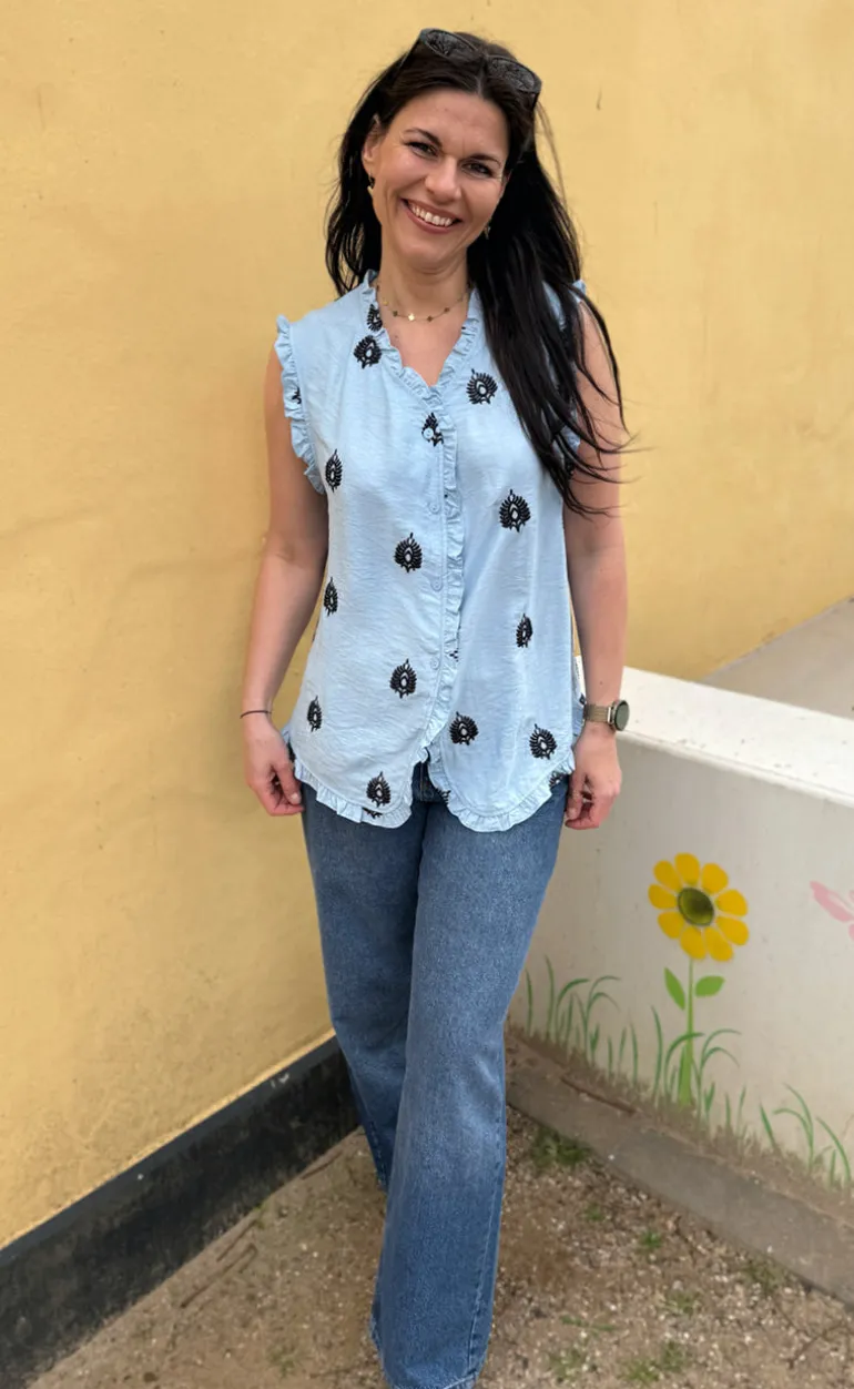 Say INA Copenhagen Top - Melania - Blue w. Black Embroidery