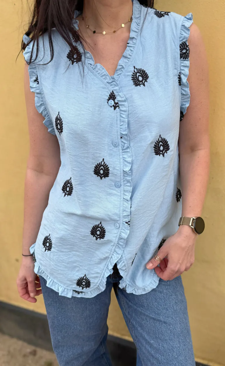 Say INA Copenhagen Top - Melania - Blue w. Black Embroidery